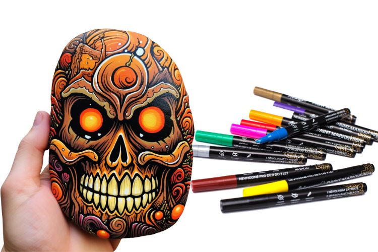 halloweenská lebka na kamínku